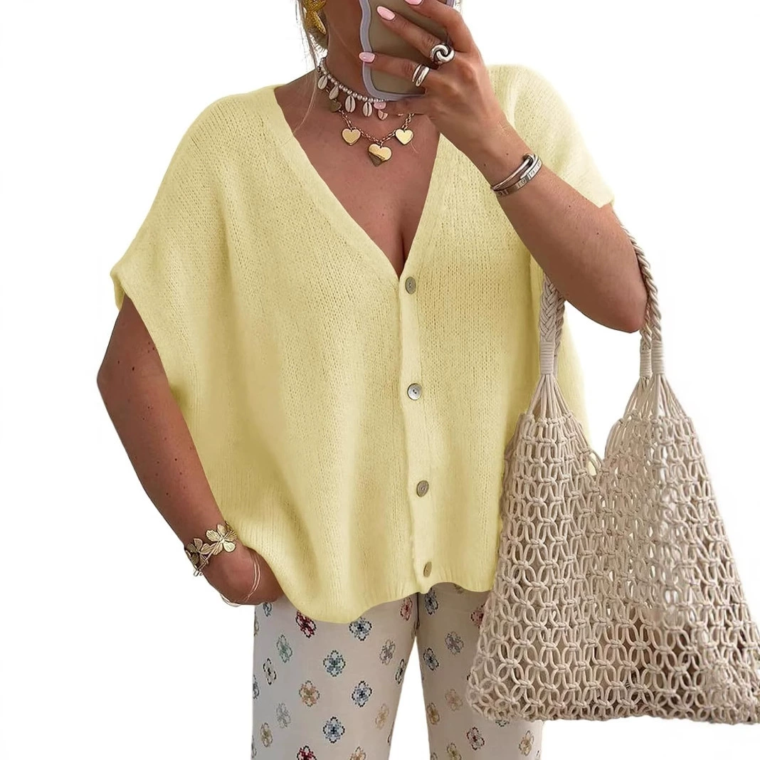 Amazon 2025 Летняя европейская и американская женская летняя домашняя одежда Вязаный кардиган с рукавами «летучая мышь» на пуговицах с v-образным вырезом Повседневный свитер