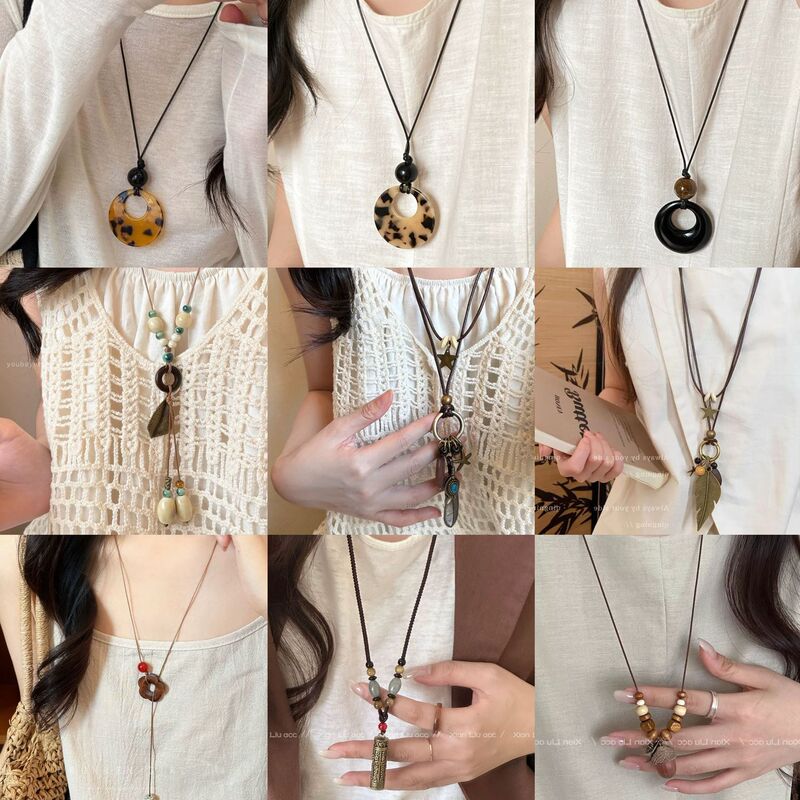 Vintage Ethnic Style New Chinese Wooden Acorn Zen Pendant Long Niche Design Versatile Sweater Necklace