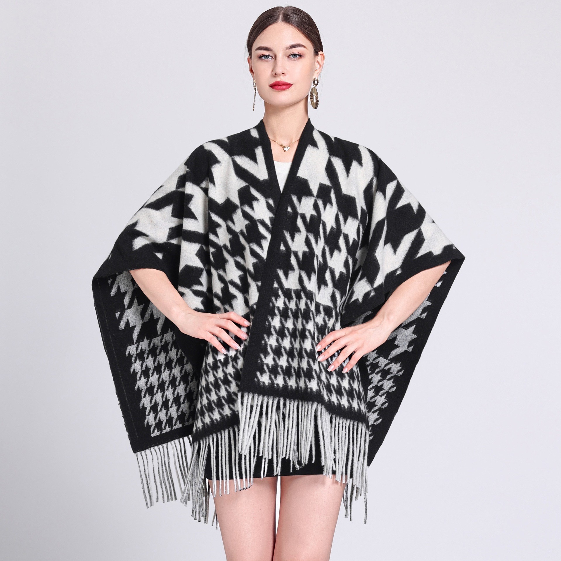Shawl cape Lady's plaid cardigan with fringe plaid cape scarf woolen coat_voghion.com