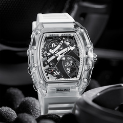 新款跨境透明鏤空酒桶形手錶男士時尚腕錶石英表防水腕錶watch