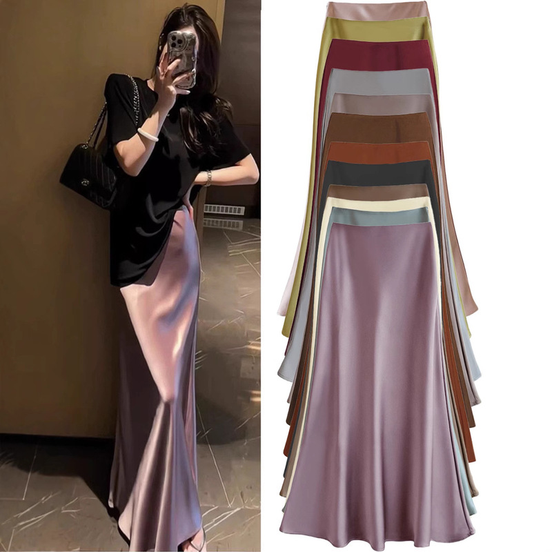 French-Style Light Luxury Satin Draped Skirt for Women, Spring and Autumn High-Waisted Pencil Skirt, Umbrella Skirt, Long Skirt, A-Line Skirt