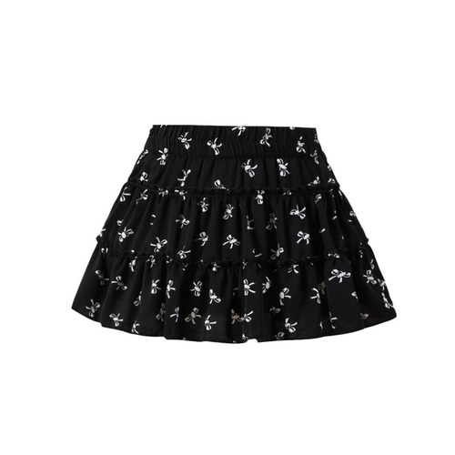 Girls' French Sweet Style Black Floral Skirt Ruffled Waistband Slimming Casual A-Line Short Skirt 