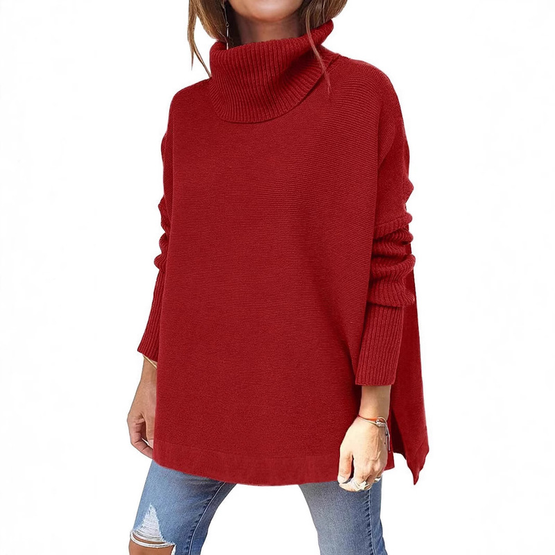 2024 Amazon Women's Turtleneck Oversized Sweater Mid-Length Batwing Sleeve Slit Hem Belted Pullover Hair