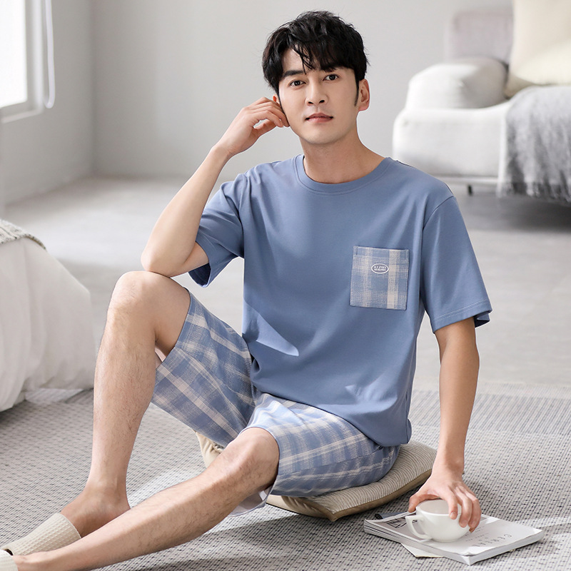 여름 스톨 쿨 코튼 남성용 파자마 부드러운 항균 쿨코튼 간단한 외주 짧은 소매 반바지 홈 의류 세트