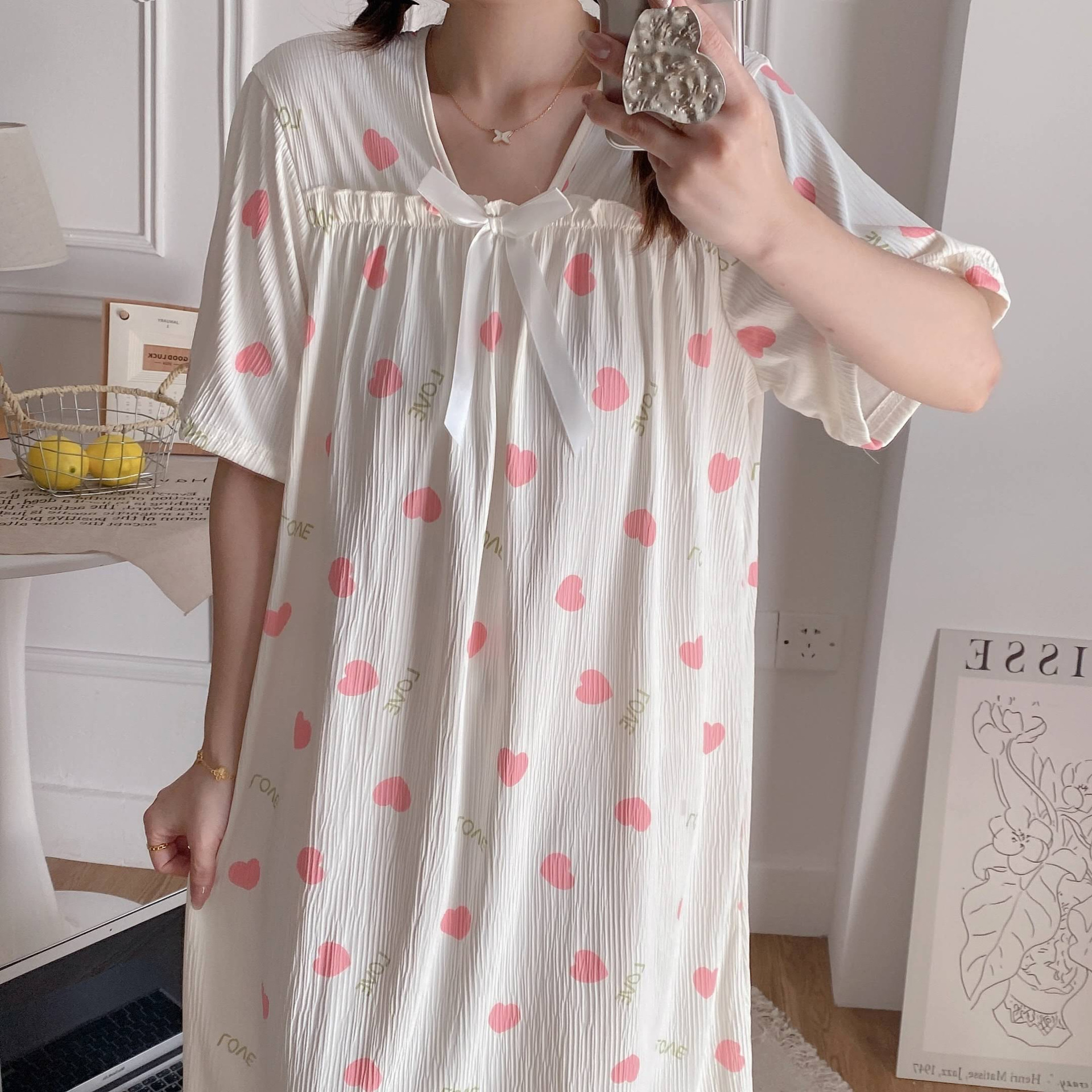 2024 pijamas de verano de encaje de algodón pijamas de cascada dibujos animados de manga corta ropa para el hogar media y larga adorable dulce al por mayor