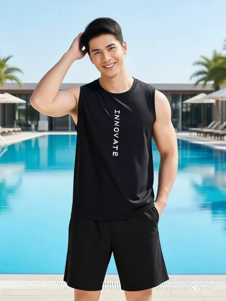 Simple Men's Swimsuit Set, New Summer Quick-Drying Swimming Vest, Men's Anti-Embarrassment Swimming Trunks, Complete Set of Equipment
