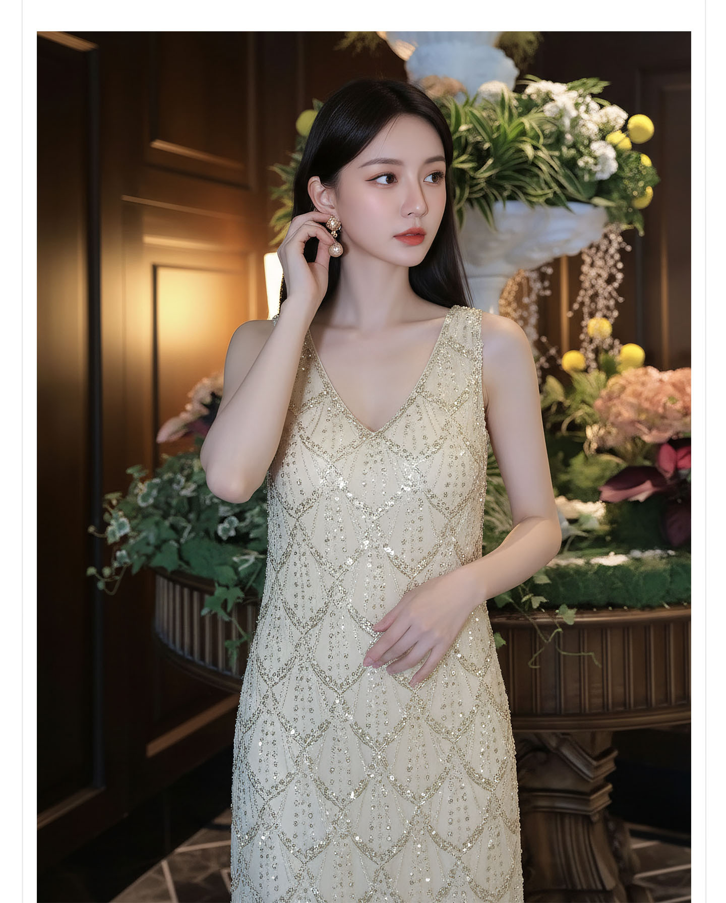 Đầm suông nữ midi tay lỡ phong cách cổ điển đính cườm — màu trắng ngà chi tiết 3