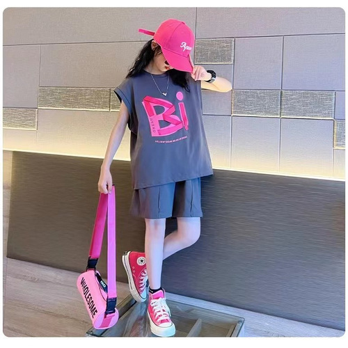 Girls Summer Vest Five-Piece Pants Two-piece Set 2023 New Medium and Large Children's Letter Printed Tops and Shorts Suit Trendy