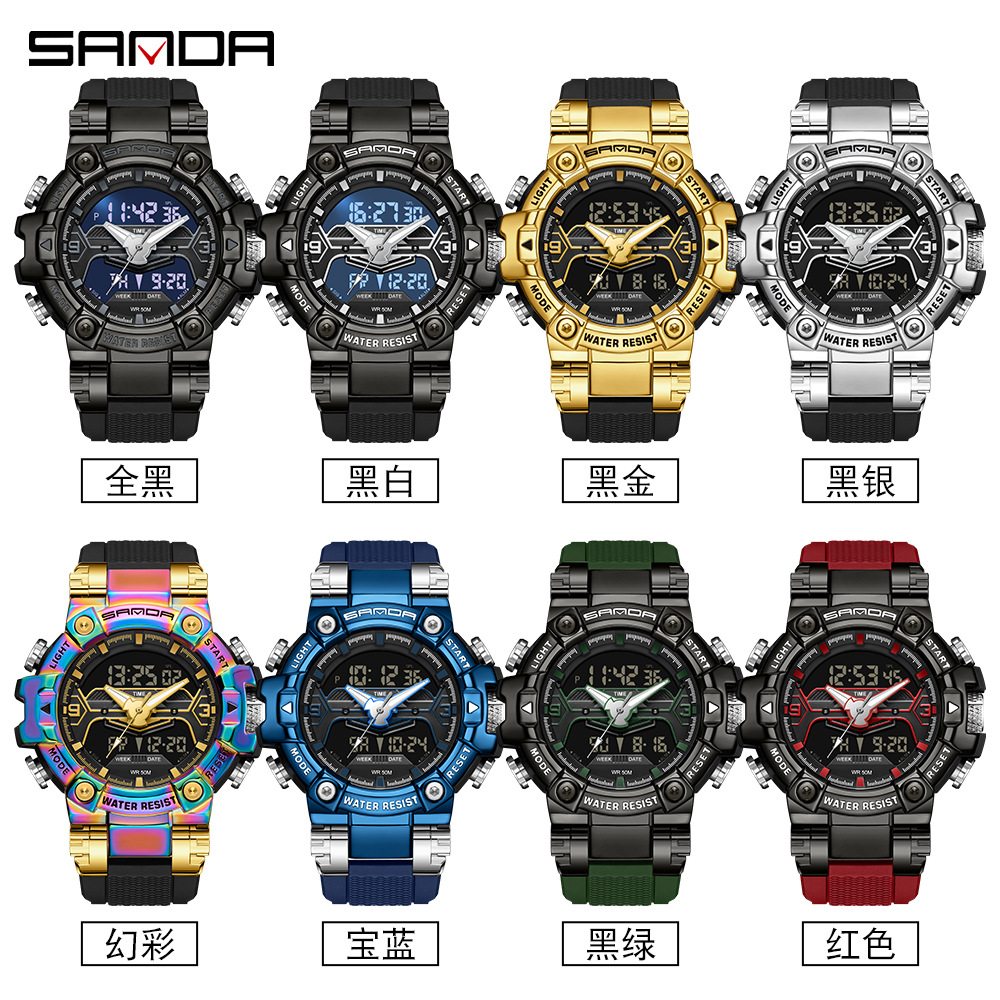 SANDA 3186 electrónico multi-funcional Moda colorido estudiante reloj de los hombres luminoso reloj despertador impermeable reloj