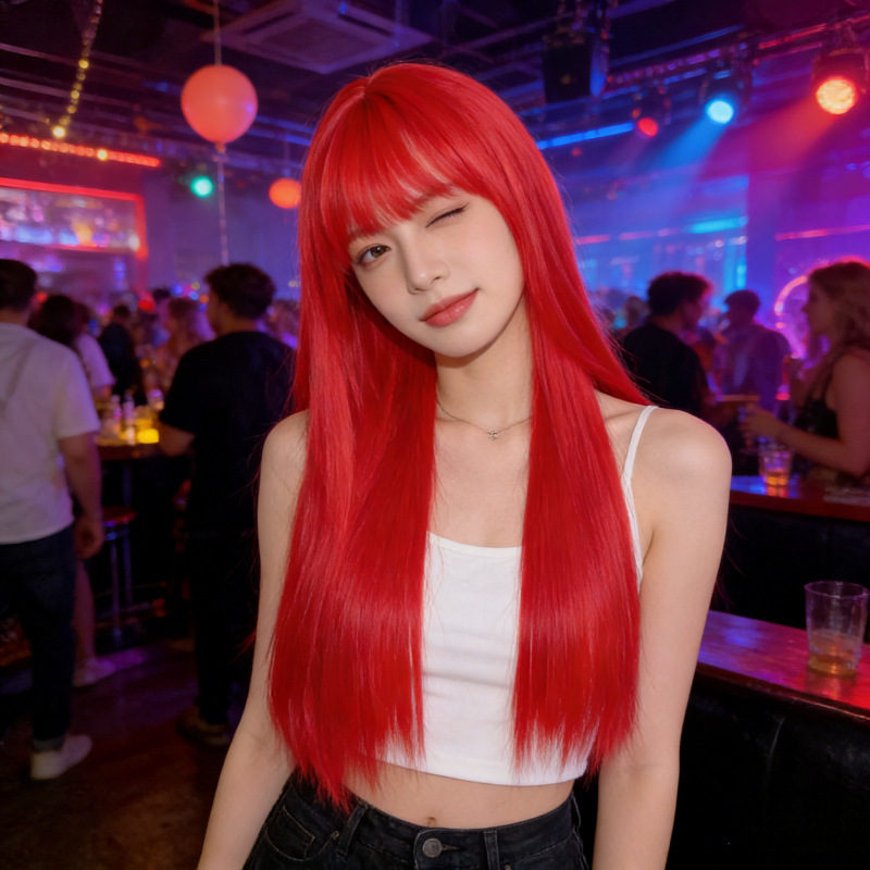 Cartoon-Style Bangs Wig for Women, Red, Waist-Length, Long Straight Hair, Synthetic Fiber Wig, Wholesale from Manufacturer, in Stock, Burgundy