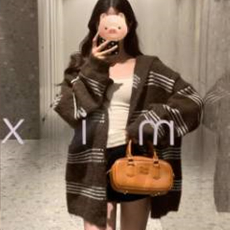 软糯慵懒风拼色条纹连帽2025秋冬毛衣女长袖宽松大码针织开衫外套|undefined