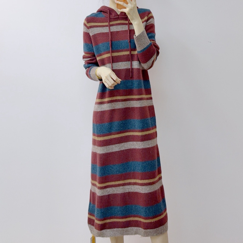 [on Sale at the Counter] 2025 New Winter Straight Loose Long Stripesd Hooded Sweater 603