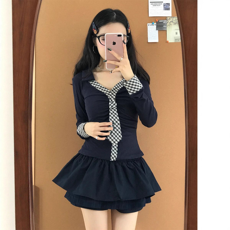 Hot Girl Plaid Tie Splicing Long-Sleeved T-Shirt Women's Spring & Fall Slim Top Fluffy Bud Half-Length A-Line Pants Suit
