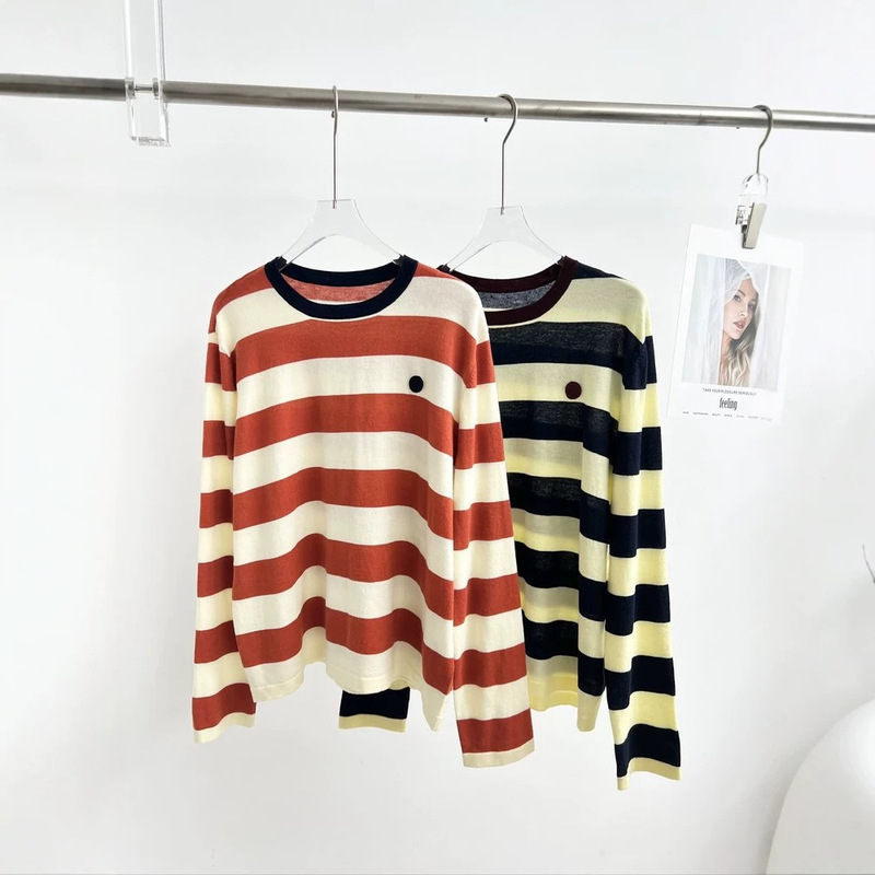 Sheep wool blend classic smiley face color-blocked retro thick striped round neck knitted long sleeve 2026 autumn new style Sheep wool blend classic smiley face color-blocked retro thick striped round neck knitted long sleeve 2026 autumn new style