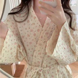 韩国ins女士外贸新款格子碎花睡袍可爱浴袍长款和服睡衣家居服女