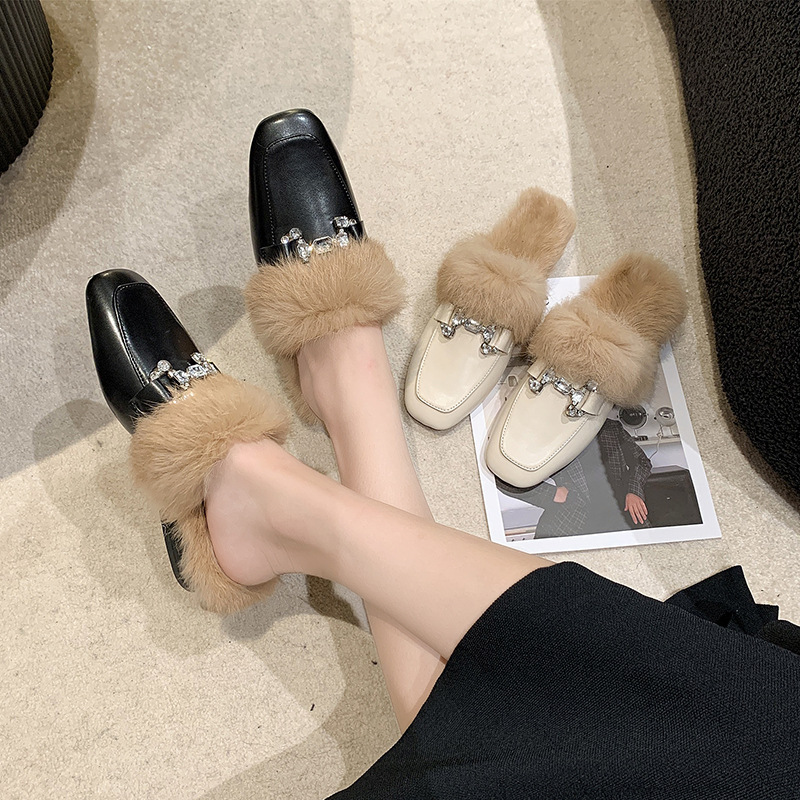 Damesschoenen Baotou halve pantoffels voor dames herfst en winter outdoorkleding nieuwe muiltjes slip on lazy furry schoenen katoenen pantoffels_voghion.com