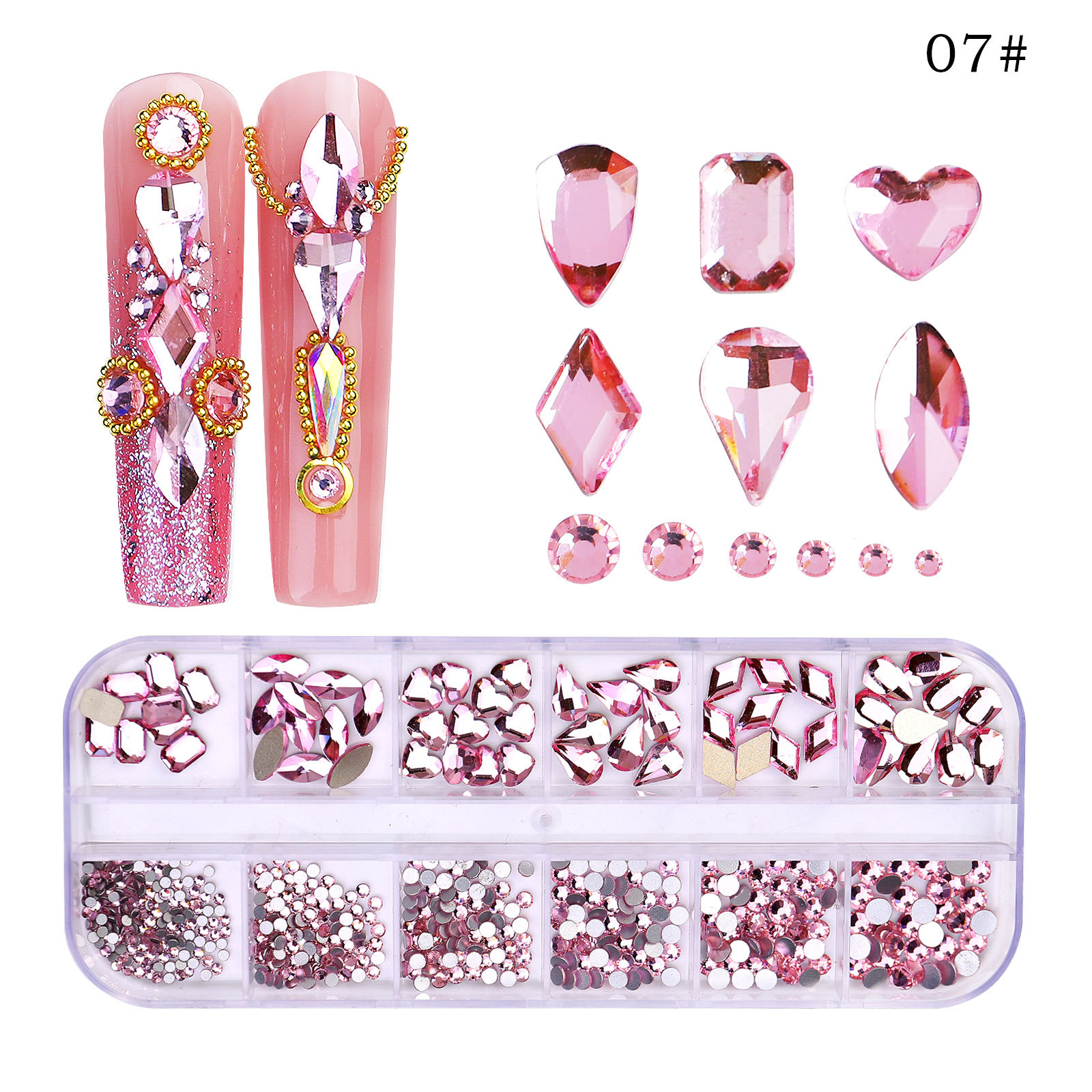 Transfronterizo nuevo taladro de uñas de 12 rejillas de forma especial diamante plano rhinestone AB joyería de uñas decoración de uñas de diamantes ventas directas de la fábrica