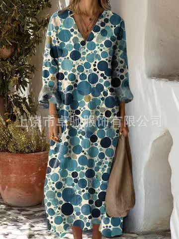 2025新款独立站女式复古花卉艺术图案印花口袋V领口袋连衣裙|undefined