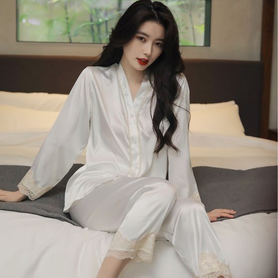 New Arrival Pajamas Women's Spring and Autumn Ice Silk Long Sleeve Lace Pure Desire Style Silk Home Clothes suit Trousers Spring and Autumn