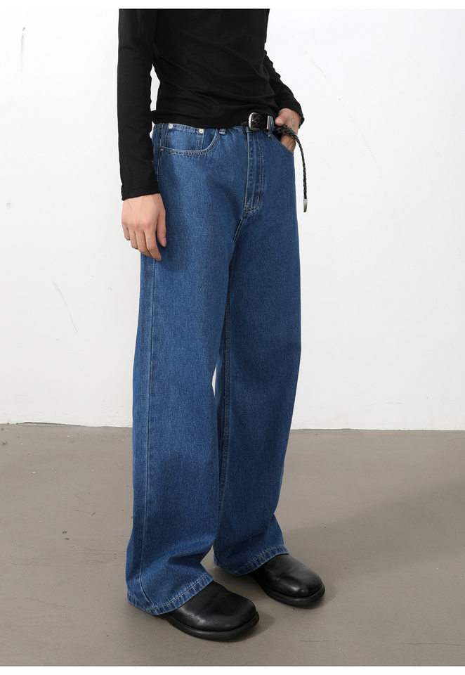 Quần jean nam ống rộng dáng suông thoải mái kiểu Mỹ, vải denim xử lý giặt mài, lưng trung, dài quần — Xanh da trờicolor, Xám đen, màu xám nhạt chi tiết 17