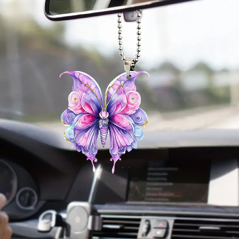 Creativo nuevo colgante de vacaciones de mariposa púrpura 2D plano transfronterizo automóvil colgante de espejo retrovisor colgante llavero colgante image 1