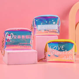 印花PVC数据线包女零钱包少女心透明镭射韩版方形八角包零钱位