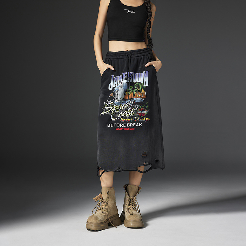 特价98元不退换 拓谷印花破洞半身裙女高腰中长款a字裙百搭长裙潮