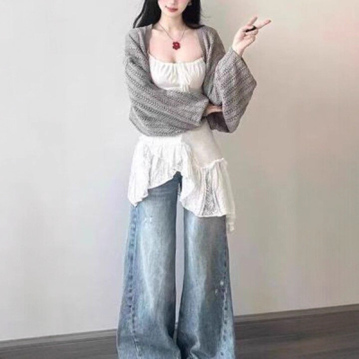 Korean Style Lazy Style Gray Cut Out Knitted Cardigan Women's Autum Sweater Elegant Loose Slim Outwear Long-Sleeved Top