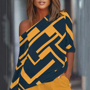 product - wholesale Summer Printed Diagonal Collar Long Sleeve Casual Loose Outfit Women - 13