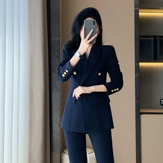 2024秋季新款西服黑色双排扣西装高级职业通勤主持人酒店前台套装