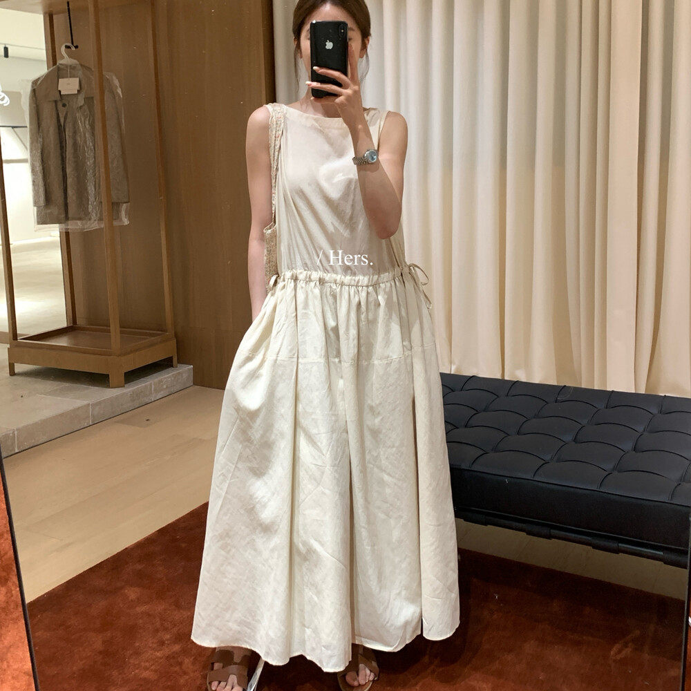 Đầm maxi nữ cổ tròn không tay thắt eo phong cách tối giản — trắng ngà, màu mơ