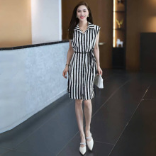 竖条纹无袖连衣裙女士夏季新款收腰显瘦衬衫裙子小个子时尚中长裙