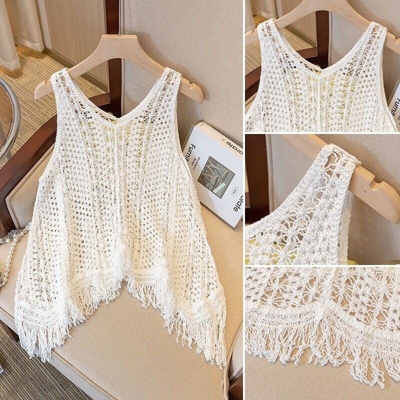 2 Hollow-Out Vintage Knitted Vest for Women, New Summer Style, Versatile, Loose-Fitting, Slimming Outerwear, Sleeveless Top