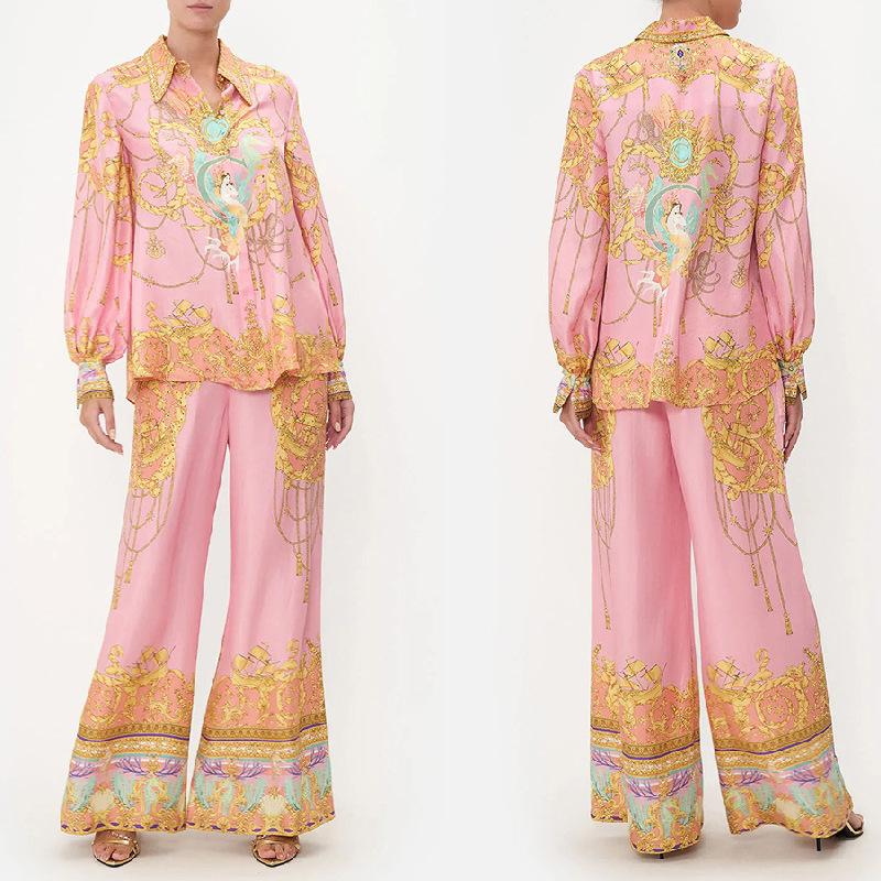 Damenbekleidung Independent Station 2024 Neuer Freizeiturlaub Langärmliges rosa bedrucktes Hemd und Hose Zweiteiliger Anzug für Damen_voghion.com