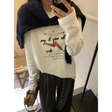 韩系卡通小人字母刺绣长袖T恤女秋冬磨毛保暖宽松内搭打底衫上衣