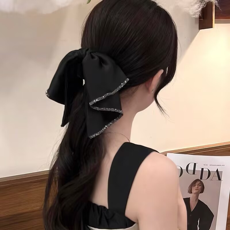 フレンチライトラグジュアリーリボンヘアピン2025後頭部かわいいクリップクリスタルペンダントハーフタイヘアピンヘッドドレス|undefined