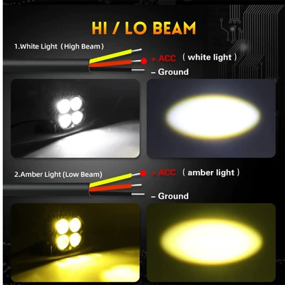 Motorcycle headlights, headlights Waterproof Led Work Light Spotlight - yellow-and-white-light-always-on-silver-bracket-and-black-screws