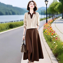 中老年妈妈穿搭一整套春秋季时尚洋气撞色翻领针织衫半身裙两件套