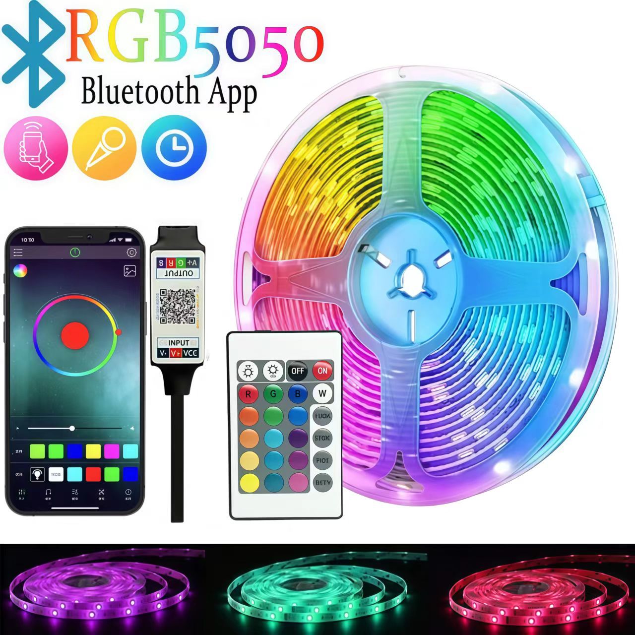  Tira de Luces LED RGB 5050 Transfronteriza, Cambio de Color vía Bluetooth 5V, Control Remoto de 24 Teclas, Impermeable, para Ambiente.