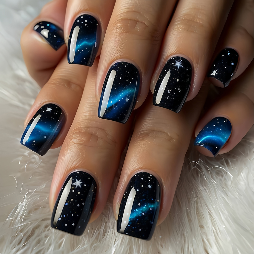 Europa y los EE.UU. Hot sale estrella de manicuría de estilo cuadrado estrella azul desgaste de uñas parche de uñas de patrón interestelar