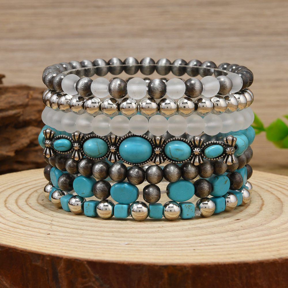 跨境新品西部牛仔风绿松石牛头帽子多层弹力线手镯多件套串珠手链