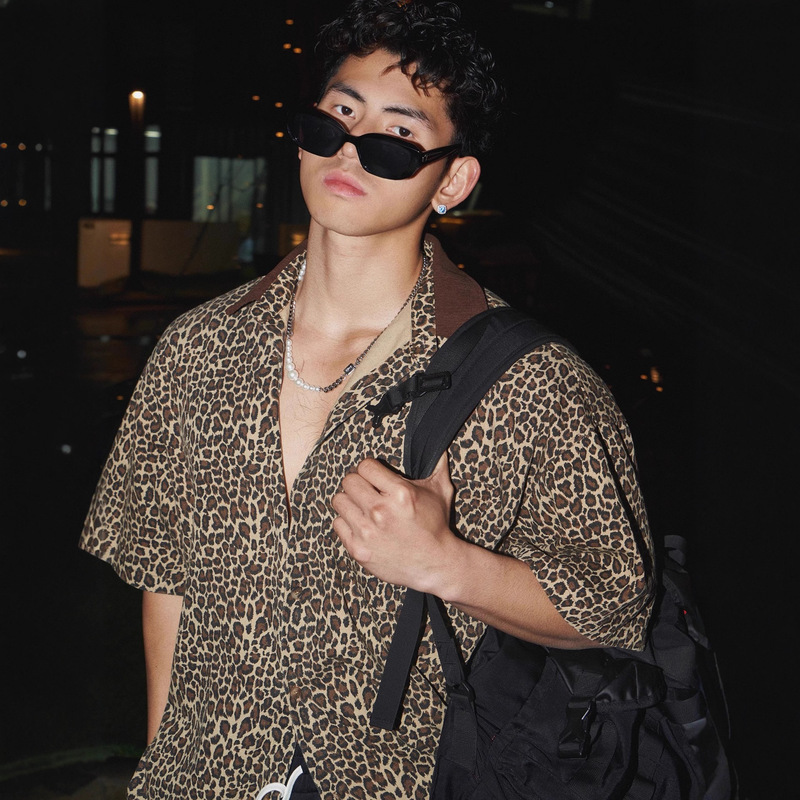 American Vintage Leopard Print Short-Sleeved Shirt for Men 2025 Summer New Style Handsome Trendy Brand Loose Five-Quarter Sleeve Shirt