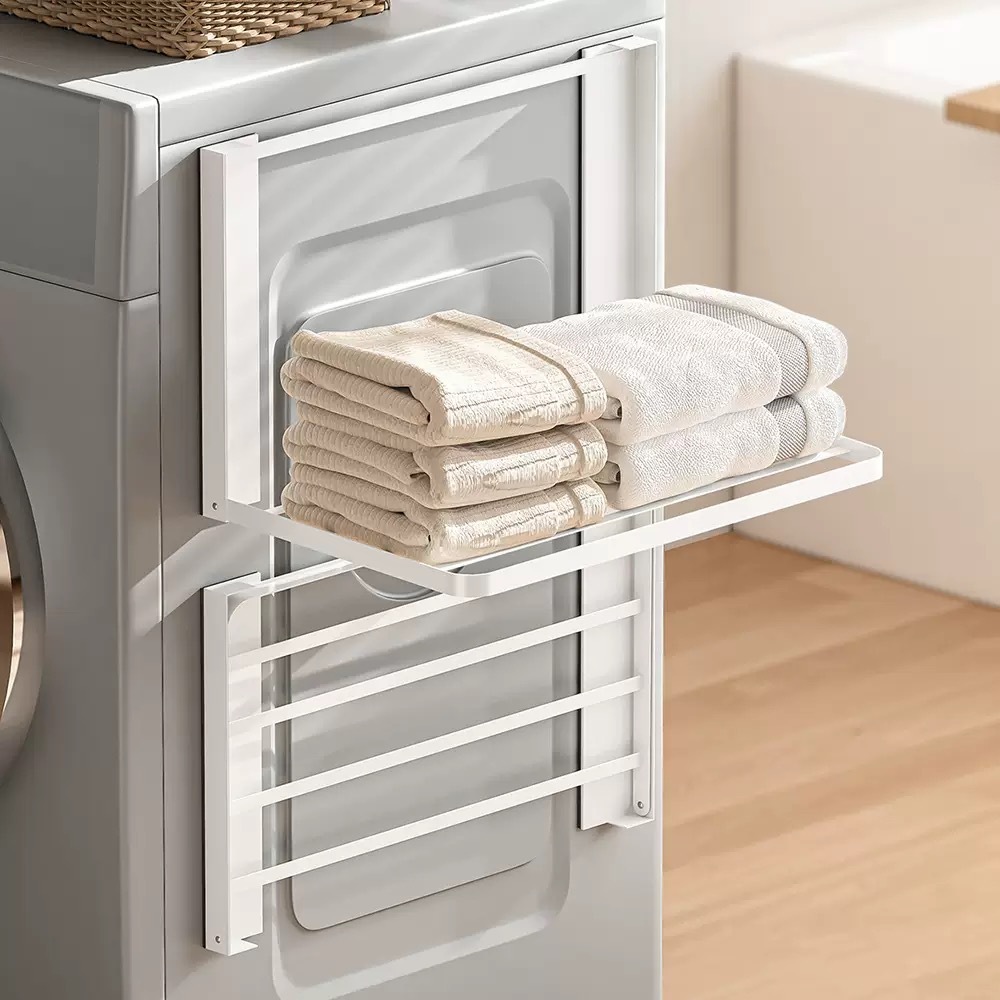 設置不要の折りたたみ式洗濯機用サイド収納棚、ベランダの隙間用磁気吸着式ハンガー、冷蔵庫整理棚