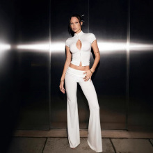 跨境外贸欧美风女装新品时尚辣妹紧身辣妹上衣纯色百搭长裤两件套