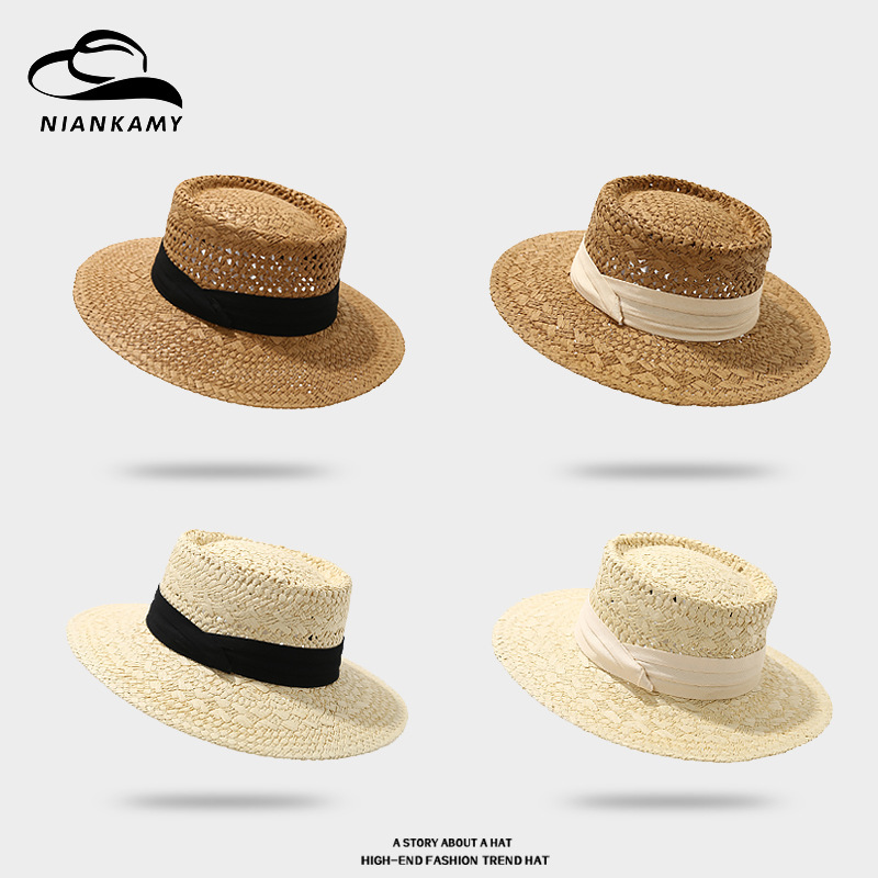 old qian style seaside straw hat women‘s spring and summer french style flat top hat british hollow sun-shade sun protection hat travel