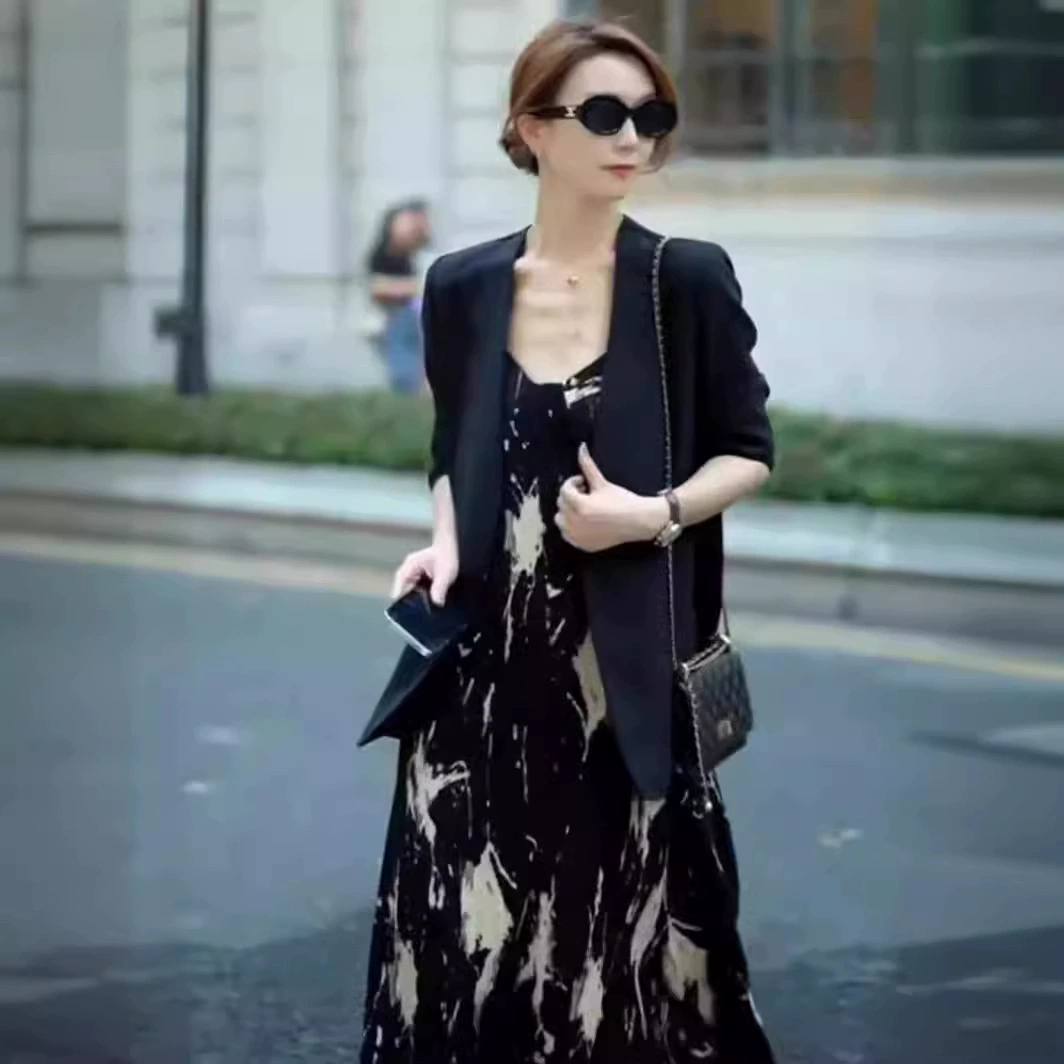 [Спот] Большой размер женщины слегка толстый мм летнее платье с семью рукавами маленький костюм с цветочным принтом юбка 6109