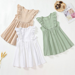 Cross-border European and American-style casual dresses for girls—summer wholesale, solid-color cotton-linen designs that are versatile, cute, and sweet—perfect for kids this summer.