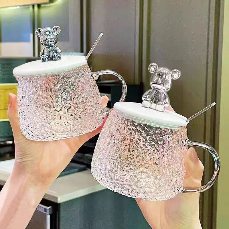 Simple ins style glass mug hammer pattern coffee cup bear water cup with handle with lid breakfast cup delivery