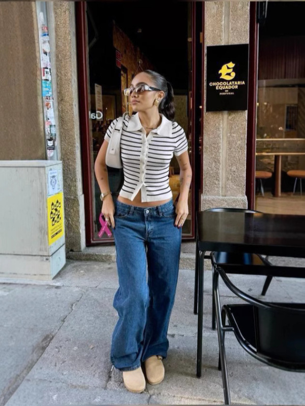 外贸欧美风撞色条纹毛织短袖单排纽扣开衫Polo领通勤针织衫上衣女|undefined