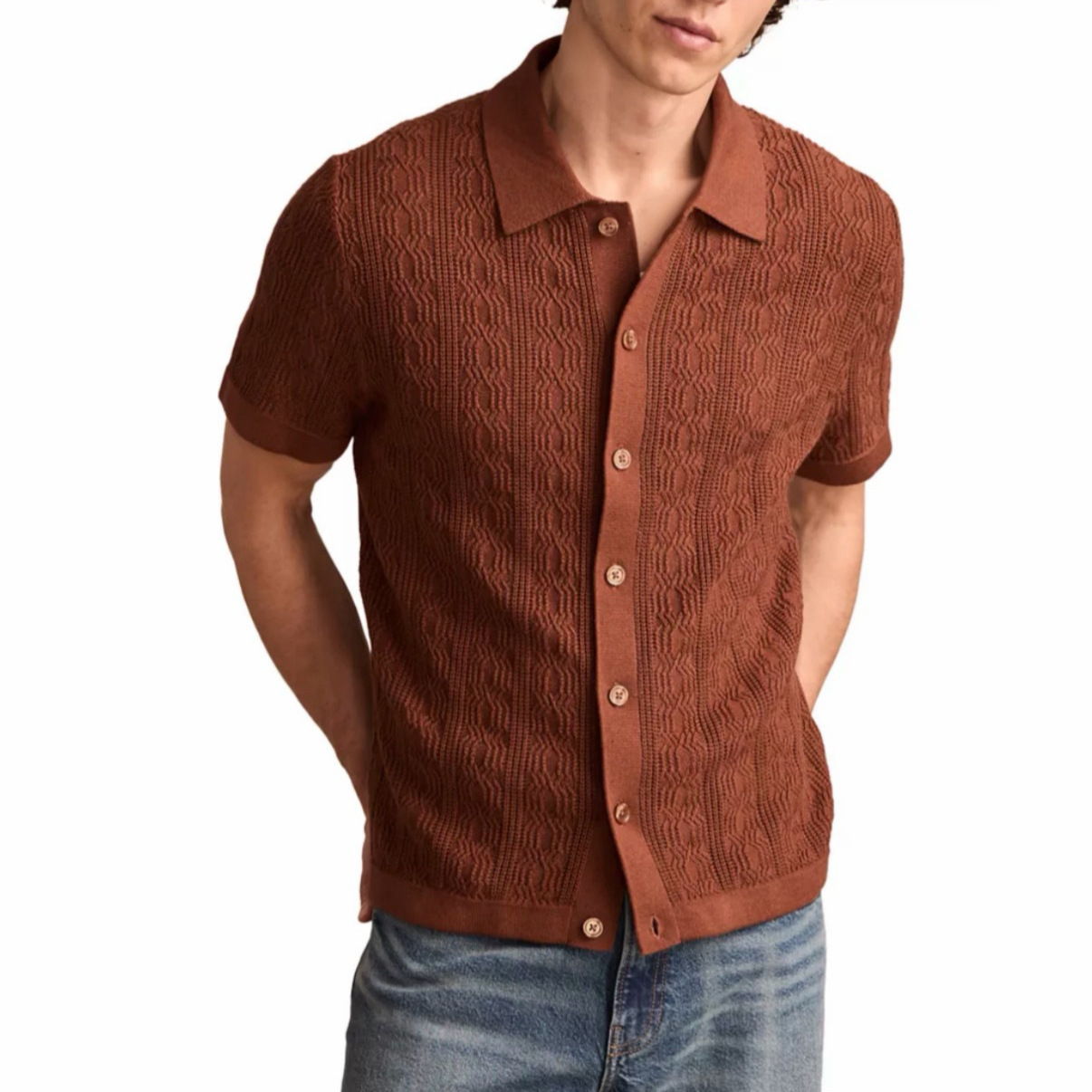 Herren-Strickcardigan mit Struktur, lässig, mit Knopfleiste, V-Ausschnitt, kurzen Ärmeln, lockerer Passform, atmungsaktiv, Retro-Stil, in Schwarz und Weiß_voghion.com